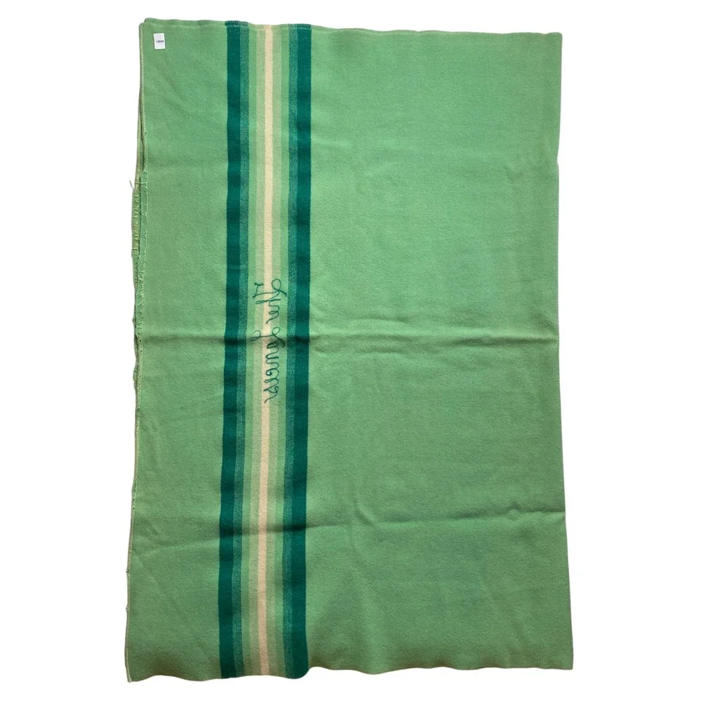 Jack Frost Wool Blanket Unisex OS Green Striped Vintage Embroidered 66x82